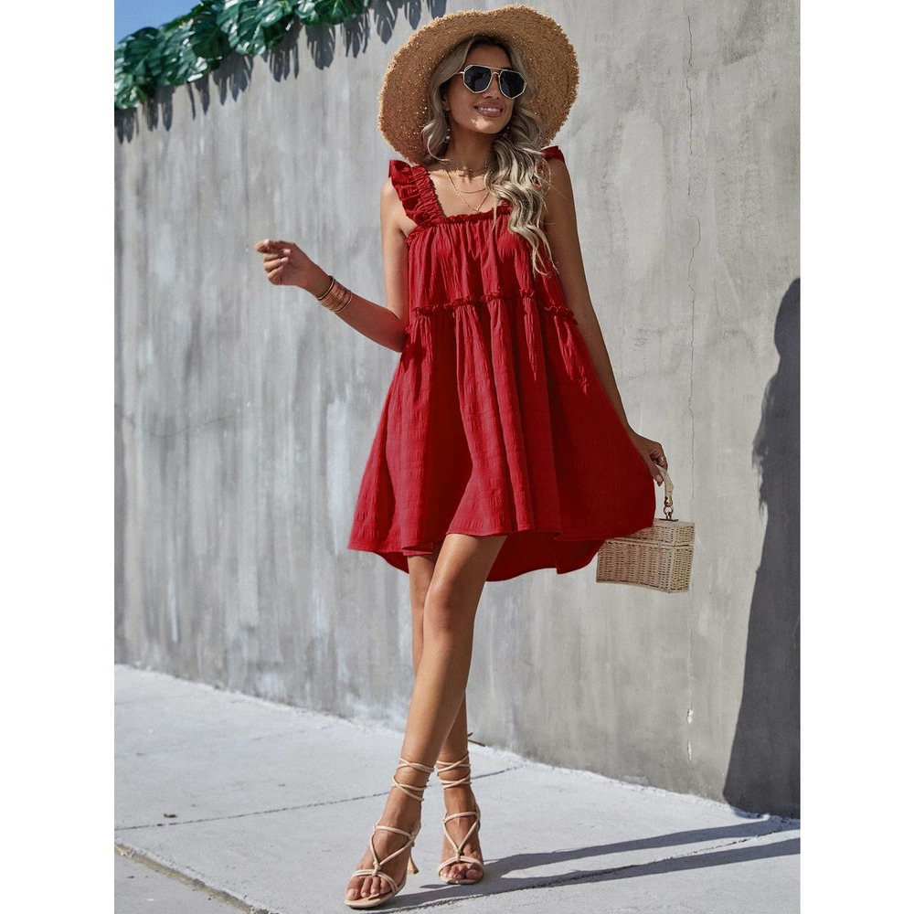 Boho Frill Trim Ruffle Hem square neck Dress red - Picture 1 of 7